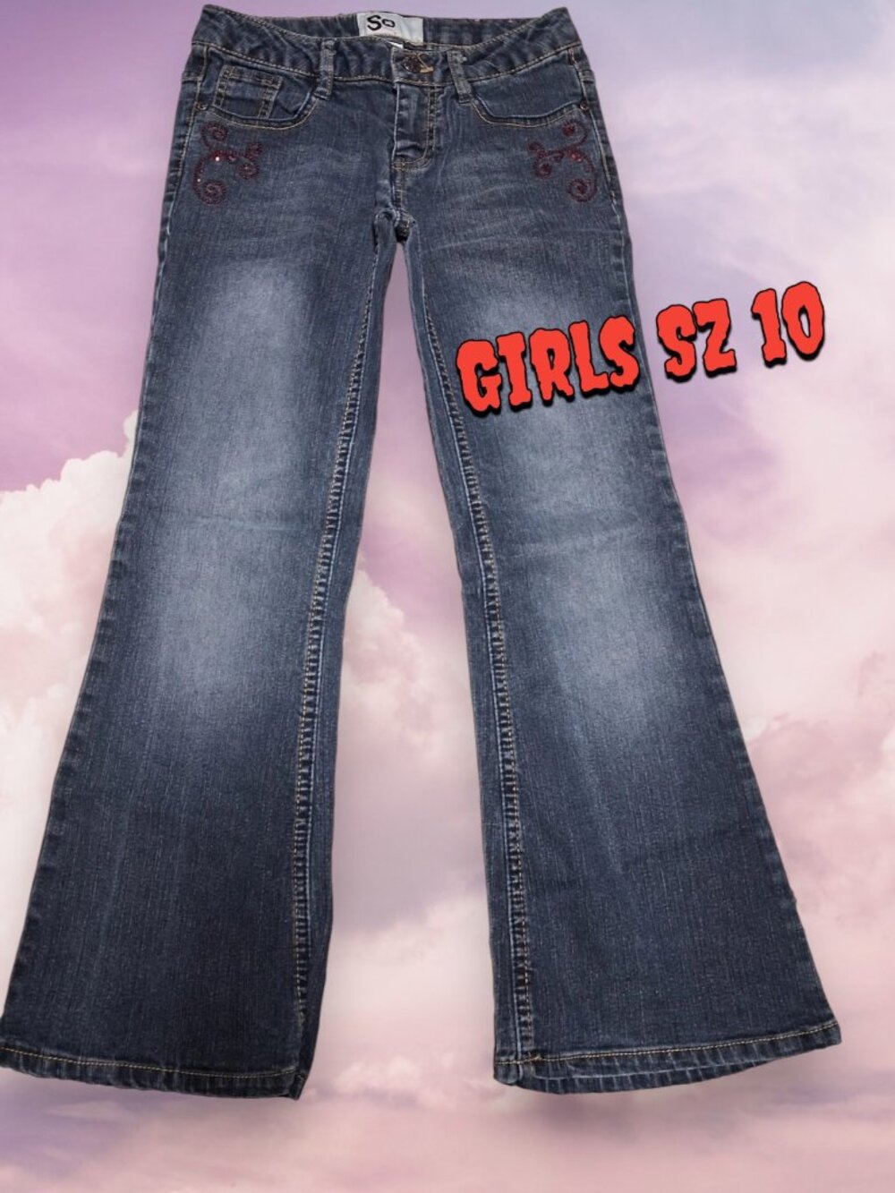 So Girls Sz 10 flare Medium Blue Flare jeans 27 1/2x25 zipper Button 5 pockets